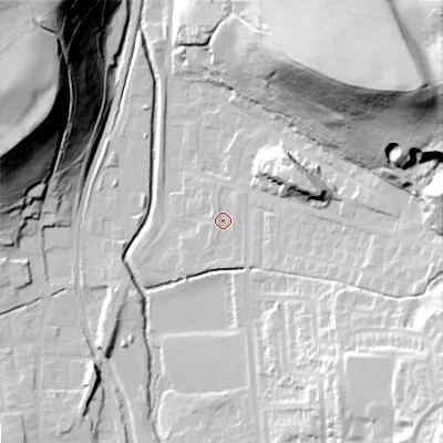 Shaded relief map of the ground around OL28GA, computed from Environment Agency LiDAR. The ground here sits at about 173 m above sea level and falls 77 m across the surrounding 800 m. Surface water reaching this point runs off ground lying to the south-south-east, 1.8 m higher.
