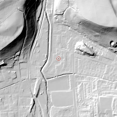 Shaded relief map of the ground around OL28GB, computed from Environment Agency LiDAR. The ground here sits at about 172 m above sea level and falls 72 m across the surrounding 800 m. Surface water reaching this point runs off ground lying to the south-east, 2.2 m higher.