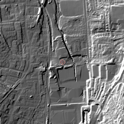 Shaded relief map of the ground around OL28HB, computed from Environment Agency LiDAR. The ground here sits at about 174 m above sea level and falls 47 m across the surrounding 800 m. Surface water reaching this point runs off ground lying to the south-south-west, 1.8 m higher.