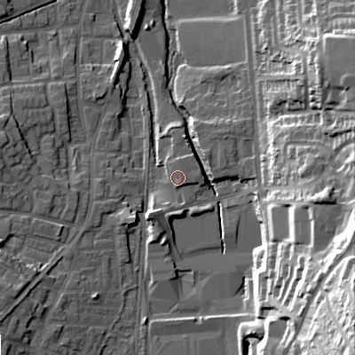 Shaded relief map of the ground around OL28HE, computed from Environment Agency LiDAR. The ground here sits at about 175 m above sea level and falls 45 m across the surrounding 800 m. Surface water reaching this point runs off ground lying to the east-north-east, 1.8 m higher.