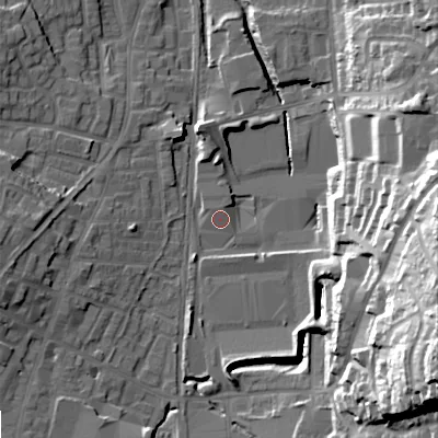 Shaded relief map of the ground around OL28HF, computed from Environment Agency LiDAR. The ground here sits at about 175 m above sea level and falls 42 m across the surrounding 800 m. Surface water reaching this point runs off ground lying to the north-north-west, 1.1 m higher.