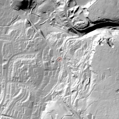 Shaded relief map of the ground around OL28LS, computed from Environment Agency LiDAR. The ground here sits at about 225 m above sea level and falls 132 m across the surrounding 800 m. Surface water reaching this point runs off ground lying to the east, 79.2 m higher.
