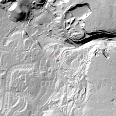 Shaded relief map of the ground around OL28LX, computed from Environment Agency LiDAR. The ground here sits at about 226 m above sea level and falls 128 m across the surrounding 800 m. Surface water reaching this point runs off ground lying to the east-south-east, 77.4 m higher.