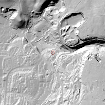 Shaded relief map of the ground around OL28LY, computed from Environment Agency LiDAR. The ground here sits at about 219 m above sea level and falls 125 m across the surrounding 800 m. Surface water reaching this point runs off ground lying to the east-south-east, 16.9 m higher.