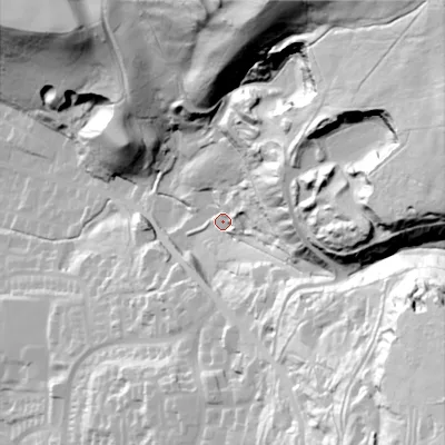 Shaded relief map of the ground around OL28NA, computed from Environment Agency LiDAR. The ground here sits at about 201 m above sea level and falls 117 m across the surrounding 800 m. Surface water reaching this point runs off ground lying to the east-north-east, 95.4 m higher.