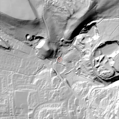 Shaded relief map of the ground around OL28NB, computed from Environment Agency LiDAR. The ground here sits at about 192 m above sea level and falls 124 m across the surrounding 800 m. Surface water reaching this point runs off ground lying to the north-east, 107.3 m higher.
