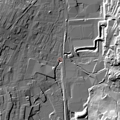 Shaded relief map of the ground around OL28PF, computed from Environment Agency LiDAR. The ground here sits at about 175 m above sea level and falls 34 m across the surrounding 800 m. Surface water reaching this point runs off ground lying to the south-west, 14.6 m higher.