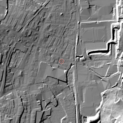 Shaded relief map of the ground around OL28PG, computed from Environment Agency LiDAR. The ground here sits at about 175 m above sea level and falls 27 m across the surrounding 800 m. Surface water reaching this point runs off ground lying to the west, 15.1 m higher.