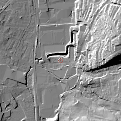 Shaded relief map of the ground around OL28PH, computed from Environment Agency LiDAR. The ground here sits at about 177 m above sea level and falls 53 m across the surrounding 800 m. Surface water reaching this point runs off ground lying to the east-north-east, 52.5 m higher.