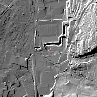 Shaded relief map of the ground around OL28PN, computed from Environment Agency LiDAR. The ground here sits at about 176 m above sea level and falls 48 m across the surrounding 800 m. Surface water reaching this point runs off ground lying to the east-north-east, 47.1 m higher.