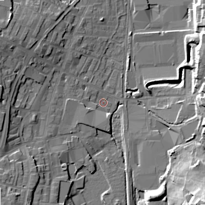 Shaded relief map of the ground around OL28PQ, computed from Environment Agency LiDAR. The ground here sits at about 175 m above sea level and falls 28 m across the surrounding 800 m. Surface water reaching this point runs off ground lying to the west, 15.1 m higher.