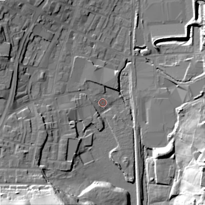 Shaded relief map of the ground around OL28QJ, computed from Environment Agency LiDAR. The ground here sits at about 176 m above sea level and falls 35 m across the surrounding 800 m. Surface water reaching this point runs off ground lying to the west-south-west, 5.0 m higher.