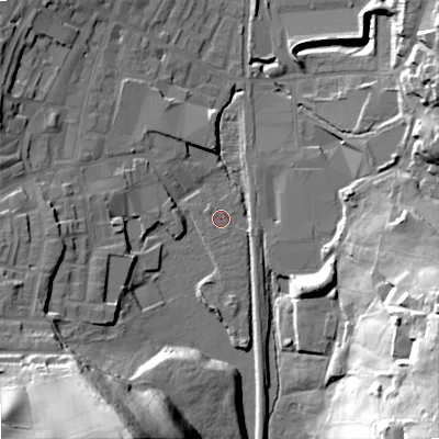 Shaded relief map of the ground around OL28QL, computed from Environment Agency LiDAR. The ground here sits at about 176 m above sea level and falls 49 m across the surrounding 800 m. Surface water reaching this point runs off ground lying to the south-south-west, 45.8 m higher.