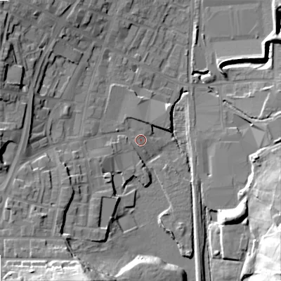 Shaded relief map of the ground around OL28QW, computed from Environment Agency LiDAR. The ground here sits at about 177 m above sea level and falls 30 m across the surrounding 800 m. Surface water reaching this point runs off ground lying to the west, 13.1 m higher.