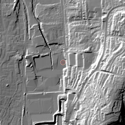 Shaded relief map of the ground around OL28TG, computed from Environment Agency LiDAR. The ground here sits at about 174 m above sea level and falls 55 m across the surrounding 800 m. Surface water reaching this point runs off ground lying to the south-east, 53.5 m higher.