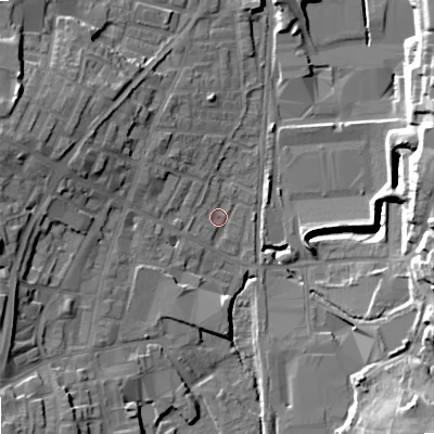 Shaded relief map of the ground around OL28UT, computed from Environment Agency LiDAR. The ground here sits at about 176 m above sea level and falls 18 m across the surrounding 800 m. Surface water reaching this point runs off ground lying to the west-north-west, 8.8 m higher.