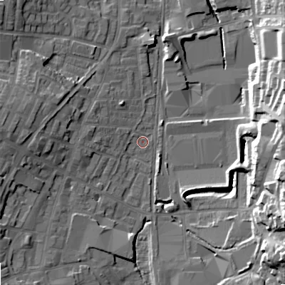 Shaded relief map of the ground around OL28UU, computed from Environment Agency LiDAR. The ground here sits at about 175 m above sea level and falls 25 m across the surrounding 800 m. Surface water reaching this point runs off ground lying to the west-north-west, 4.3 m higher.