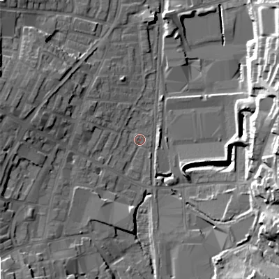 Shaded relief map of the ground around OL28UX, computed from Environment Agency LiDAR. The ground here sits at about 175 m above sea level and falls 22 m across the surrounding 800 m. Surface water reaching this point runs off ground lying to the west-north-west, 8.9 m higher.