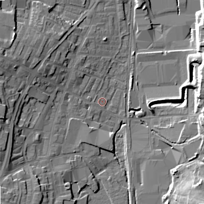 Shaded relief map of the ground around OL28UY, computed from Environment Agency LiDAR. The ground here sits at about 176 m above sea level and falls 19 m across the surrounding 800 m. Surface water reaching this point runs off ground lying to the west-north-west, 8.3 m higher.