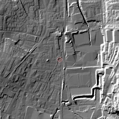 Shaded relief map of the ground around OL28XA, computed from Environment Agency LiDAR. The ground here sits at about 174 m above sea level and falls 29 m across the surrounding 800 m. Surface water reaching this point runs off ground lying to the south-east, 27.0 m higher.