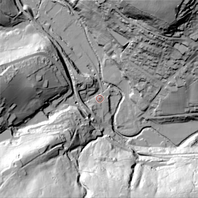 Shaded relief map of the ground around OL35BA, computed from Environment Agency LiDAR. The ground here sits at about 177 m above sea level and falls 89 m across the surrounding 800 m. Surface water reaching this point runs off ground lying to the south-west, 69.9 m higher.