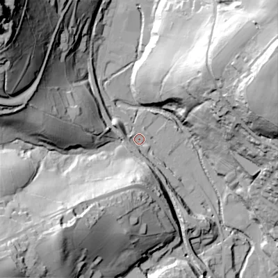 Shaded relief map of the ground around OL35BG, computed from Environment Agency LiDAR. The ground here sits at about 179 m above sea level and falls 110 m across the surrounding 800 m. Surface water reaching this point runs off ground lying to the west, 6.4 m higher.