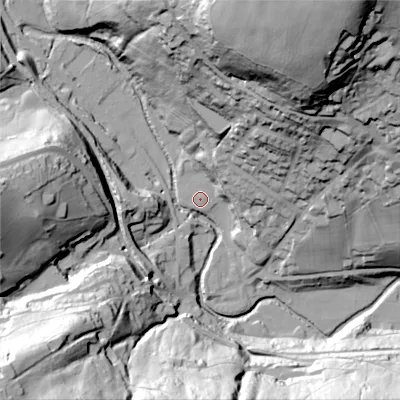Shaded relief map of the ground around OL35BP, computed from Environment Agency LiDAR. The ground here sits at about 176 m above sea level and falls 97 m across the surrounding 800 m. Surface water reaching this point runs off ground lying to the north-east, 0.7 m higher.