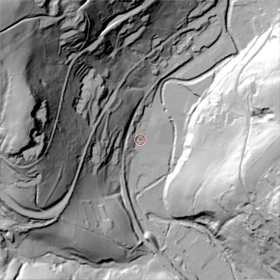 Shaded relief map of the ground around OL35BY, computed from Environment Agency LiDAR. The ground here sits at about 182 m above sea level and falls 133 m across the surrounding 800 m. Surface water reaching this point runs off ground lying to the north-west, 125.4 m higher.