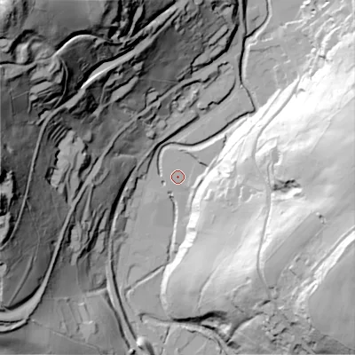 Shaded relief map of the ground around OL35DB, computed from Environment Agency LiDAR. The ground here sits at about 183 m above sea level and falls 137 m across the surrounding 800 m. Surface water reaching this point runs off ground lying to the east-south-east, 67.3 m higher.