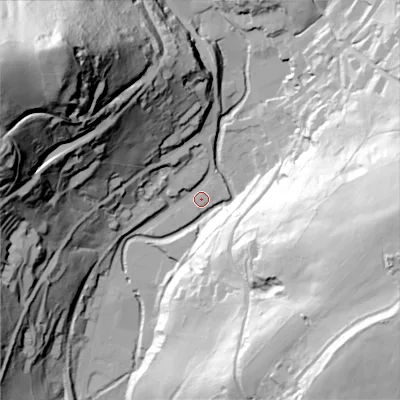 Shaded relief map of the ground around OL35DE, computed from Environment Agency LiDAR. The ground here sits at about 186 m above sea level and falls 113 m across the surrounding 800 m. Surface water reaching this point runs off ground lying to the north-west, 10.3 m higher.