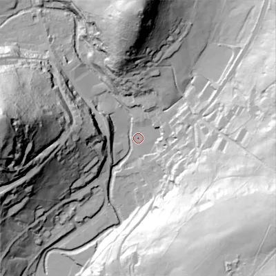 Shaded relief map of the ground around OL35DF, computed from Environment Agency LiDAR. The ground here sits at about 189 m above sea level and falls 108 m across the surrounding 800 m. Surface water reaching this point runs off ground lying to the east-south-east, 84.8 m higher.