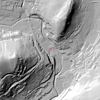 Shaded relief map of the ground around OL35DG, computed from Environment Agency LiDAR. The ground here sits at about 191 m above sea level and falls 109 m across the surrounding 800 m. Surface water reaching this point runs off ground lying to the south-west, 29.5 m higher.