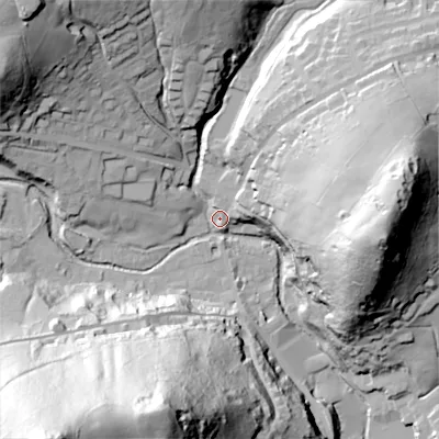 Shaded relief map of the ground around OL35DJ, computed from Environment Agency LiDAR. The ground here sits at about 196 m above sea level and falls 124 m across the surrounding 800 m. Surface water reaching this point runs off ground lying to the east, 64.8 m higher.