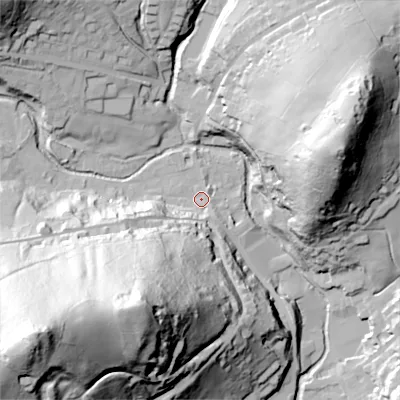 Shaded relief map of the ground around OL35DL, computed from Environment Agency LiDAR. The ground here sits at about 195 m above sea level and falls 126 m across the surrounding 800 m. Surface water reaching this point runs off ground lying to the south-west, 97.1 m higher.