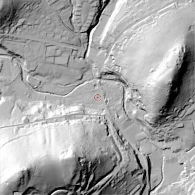 Shaded relief map of the ground around OL35DN, computed from Environment Agency LiDAR. The ground here sits at about 195 m above sea level and falls 126 m across the surrounding 800 m. Surface water reaching this point runs off ground lying to the south-west, 97.5 m higher.