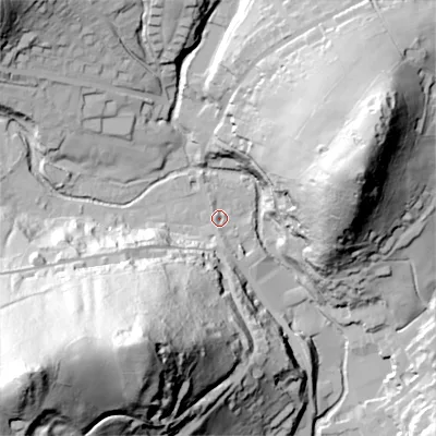 Shaded relief map of the ground around OL35DQ, computed from Environment Agency LiDAR. The ground here sits at about 195 m above sea level and falls 126 m across the surrounding 800 m. Surface water reaching this point runs off ground lying to the south-south-west, 64.2 m higher.