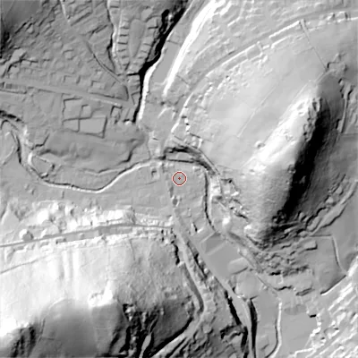 Shaded relief map of the ground around OL35DT, computed from Environment Agency LiDAR. The ground here sits at about 193 m above sea level and falls 126 m across the surrounding 800 m. Surface water reaching this point runs off ground lying to the north-west, 2.4 m higher.