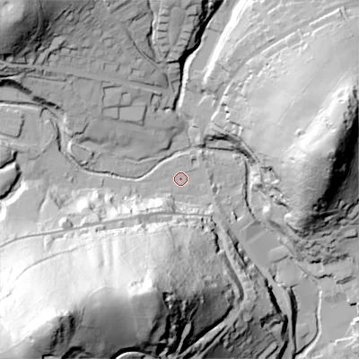 Shaded relief map of the ground around OL35DW, computed from Environment Agency LiDAR. The ground here sits at about 195 m above sea level and falls 126 m across the surrounding 800 m. Surface water reaching this point runs off ground lying to the south-west, 23.7 m higher.