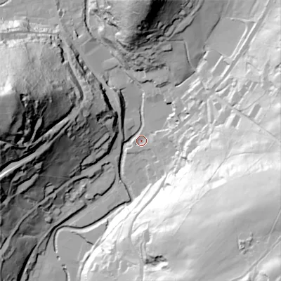 Shaded relief map of the ground around OL35ET, computed from Environment Agency LiDAR. The ground here sits at about 188 m above sea level and falls 109 m across the surrounding 800 m. Surface water reaching this point runs off ground lying to the west-north-west, 102.4 m higher.