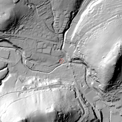 Shaded relief map of the ground around OL35EW, computed from Environment Agency LiDAR. The ground here sits at about 194 m above sea level and falls 126 m across the surrounding 800 m. Surface water reaching this point runs off ground lying to the south-west, 119.5 m higher.