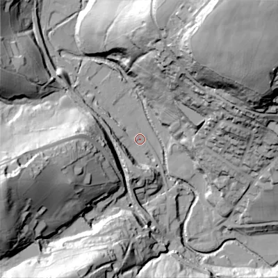 Shaded relief map of the ground around OL35GD, computed from Environment Agency LiDAR. The ground here sits at about 176 m above sea level and falls 103 m across the surrounding 800 m. Surface water reaching this point runs off ground lying to the west-south-west, 63.5 m higher.
