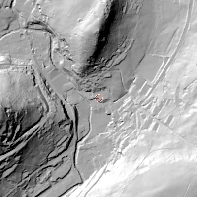 Shaded relief map of the ground around OL35GE, computed from Environment Agency LiDAR. The ground here sits at about 193 m above sea level and falls 105 m across the surrounding 800 m. Surface water reaching this point runs off ground lying to the north, 58.4 m higher.