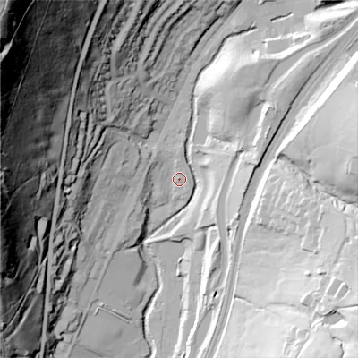Shaded relief map of the ground around OL35GP, computed from Environment Agency LiDAR. The ground here sits at about 183 m above sea level and falls 140 m across the surrounding 800 m. Surface water reaching this point runs off ground lying to the west-north-west, 34.6 m higher.