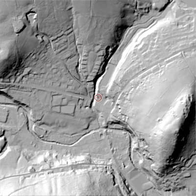 Shaded relief map of the ground around OL35HN, computed from Environment Agency LiDAR. The ground here sits at about 199 m above sea level and falls 79 m across the surrounding 800 m. Surface water reaching this point runs off ground lying to the north-west, 63.0 m higher.