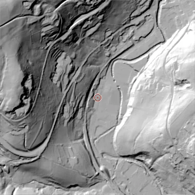 Shaded relief map of the ground around OL35HP, computed from Environment Agency LiDAR. The ground here sits at about 183 m above sea level and falls 132 m across the surrounding 800 m. Surface water reaching this point runs off ground lying to the north-west, 125.3 m higher.