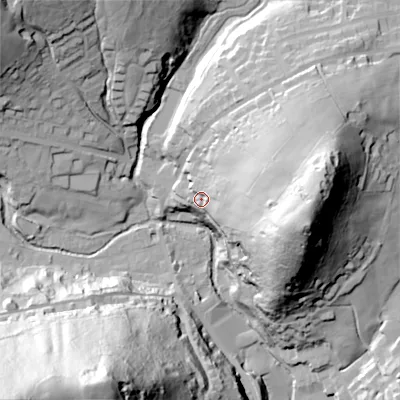 Shaded relief map of the ground around OL35HW, computed from Environment Agency LiDAR. The ground here sits at about 208 m above sea level and falls 114 m across the surrounding 800 m. Surface water reaching this point runs off ground lying to the east, 54.2 m higher.