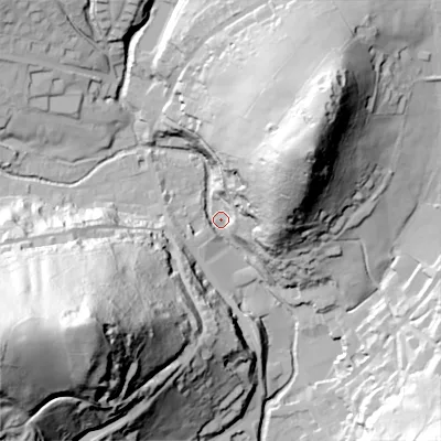 Shaded relief map of the ground around OL35JB, computed from Environment Agency LiDAR. The ground here sits at about 192 m above sea level and falls 113 m across the surrounding 800 m. Surface water reaching this point runs off ground lying to the west-south-west, 108.6 m higher.