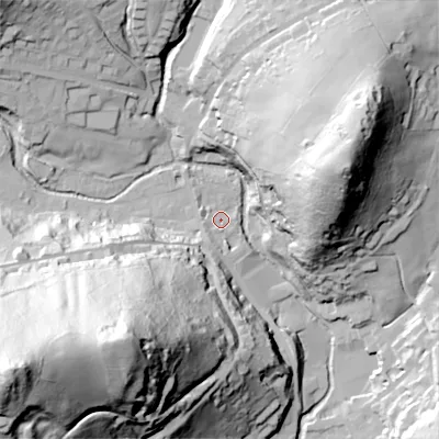Shaded relief map of the ground around OL35JD, computed from Environment Agency LiDAR. The ground here sits at about 193 m above sea level and falls 126 m across the surrounding 800 m. Surface water reaching this point runs off ground lying to the south-west, 65.6 m higher.