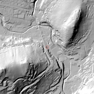 Shaded relief map of the ground around OL35JG, computed from Environment Agency LiDAR. The ground here sits at about 197 m above sea level and falls 127 m across the surrounding 800 m. Surface water reaching this point runs off ground lying to the south-west, 93.3 m higher.