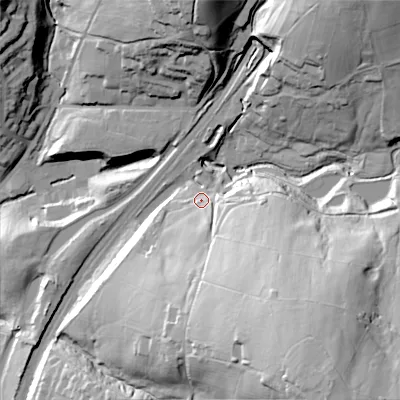 Shaded relief map of the ground around OL35JY, computed from Environment Agency LiDAR. The ground here sits at about 203 m above sea level and falls 71 m across the surrounding 800 m. Surface water reaching this point runs off ground lying to the south-east, 49.4 m higher.